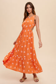 Orange Tropical Embroidered Open Back Midi Dress