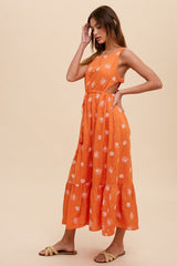 Orange Tropical Embroidered Open Back Midi Dress