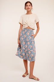 Sage Floral Printed Tiered Midi Skirt