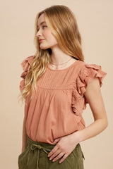 Rust Pintucked Eyelet Flutter Sleeve Blouse