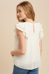 Off White Pintucked Eyelet Flutter Sleeve Blouse