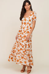 Camel Floral Chiffon Back Cut-Out Tiered Maternity Midi Dress