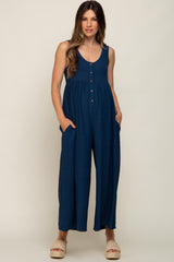 Navy Blue Button Front WIde Leg Maternity Jumpsuit