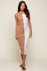 Camel Ribbed Colorblock Maternity Midi Dress