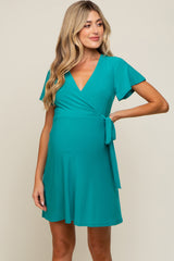 Teal Wrap V-Neck Short Sleeve Maternity Dress