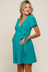 Teal Wrap V-Neck Short Sleeve Maternity Dress