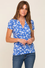 Blue Floral Wrap Draped Top