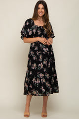 Black Floral Chiffon Ruffle Square Neck Smocked Maternity Midi Dress