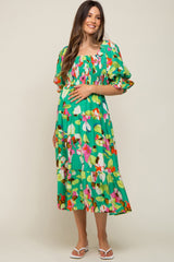 Green Floral Puff Sleeve Maternity Midi Dress