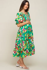 Green Floral Puff Sleeve Maternity Midi Dress