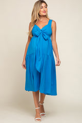 Blue Wrap Front Accent Maternity Midi Dress