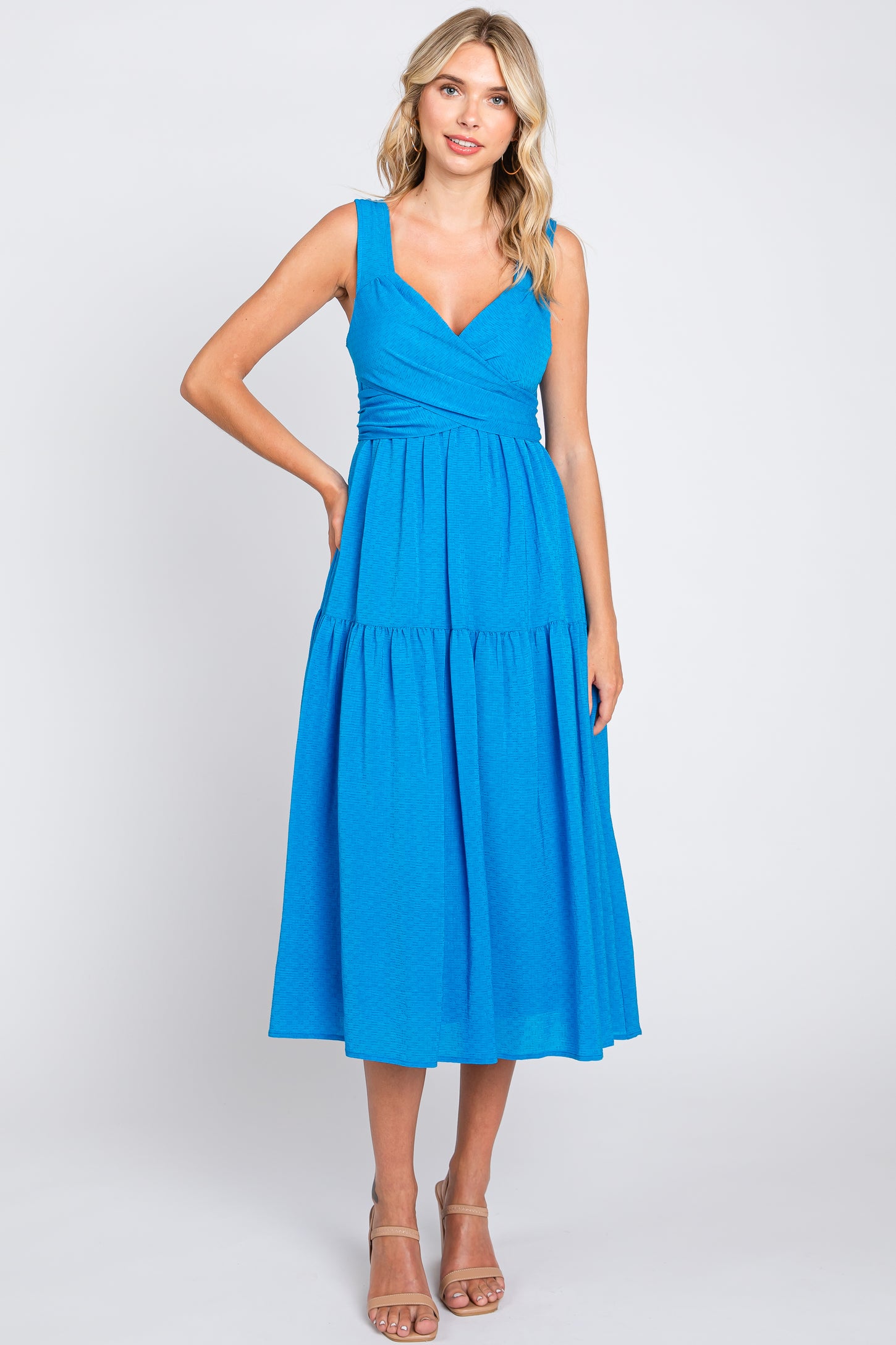 Blue Wrap Front Accent Midi Dress