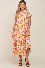 Peach Printed Button Down Collared Tiered Maternity Midi Dress