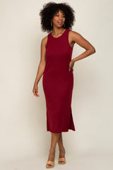 Burgundy Basic Ribbed Side Slit Maternity Midi Dress