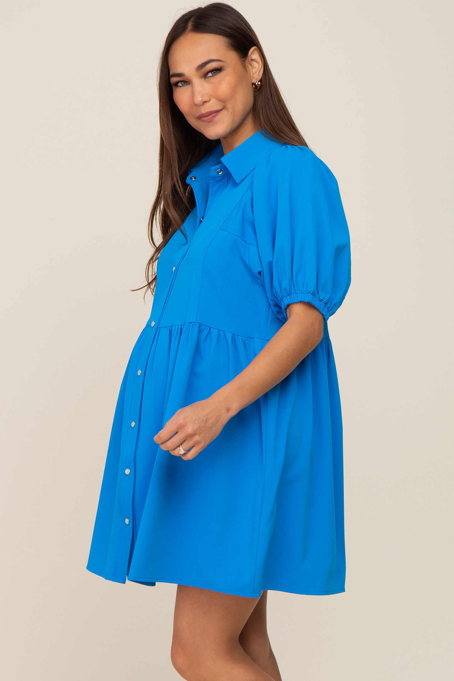 Aqua Button Down Maternity Mini Dress