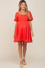 Orange Square Neck Puff Short Sleeve Maternity Dress