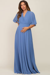 Blue Chiffon V-Neck Smocked Waist Maternity Maxi Dress