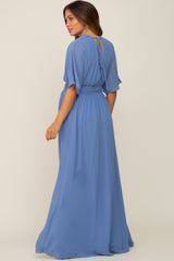 Blue Chiffon V-Neck Smocked Waist Maternity Maxi Dress