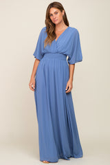 Blue Chiffon V-Neck Smocked Waist Maxi Dress