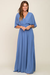 Blue Chiffon V-Neck Smocked Waist Maxi Dress