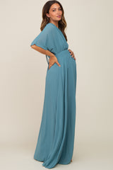 Turquoise Chiffon V-Neck Smocked Waist Maternity Maxi Dress