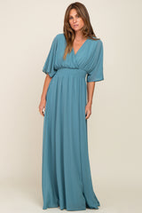 Turquoise Chiffon V-Neck Smocked Waist Maternity Maxi Dress