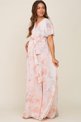 Peach Floral Chiffon V-Neck Front Slit Short Sleeve Maternity Dress