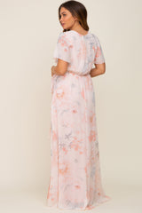 Peach Floral Chiffon V-Neck Front Slit Short Sleeve Maternity Dress