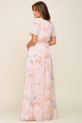 Peach Floral Chiffon V-Neck Front Slit Short Sleeve Dress