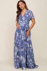 Blue Leaf Print Chiffon V-Neck Front Slit Maternity Dress