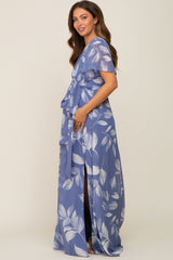 Blue Leaf Print Chiffon V-Neck Front Slit Maternity Dress