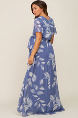 Blue Leaf Print Chiffon V-Neck Front Slit Maternity Dress