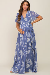 Blue Leaf Print Chiffon V-Neck Front Slit Maternity Dress