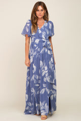 Blue Leaf Print Chiffon V-Neck Front Slit Dress