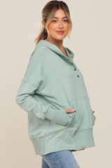 Mint Green Button Front Ribbed Trim Maternity Hooded Sweatshirt