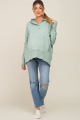 Mint Green Button Front Ribbed Trim Maternity Hooded Sweatshirt