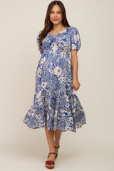 Blue Floral Tiered Maternity Midi Dress