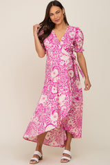 Magenta Floral Paisley Wrap Maternity Dress