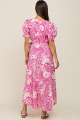 Magenta Floral Paisley Wrap Maternity Dress