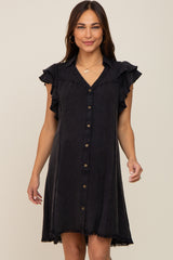 Black Chambray Ruffle Sleeve Button Up Maternity Dress