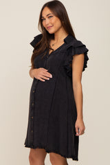 Black Chambray Ruffle Sleeve Button Up Maternity Dress