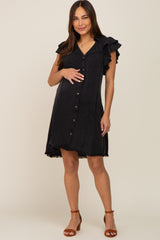 Black Chambray Ruffle Sleeve Button Up Maternity Dress