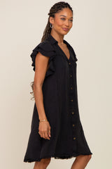 Black Chambray Ruffle Sleeve Button Up Dress