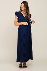 Navy Pleated Waist Tie Maternity Maxi Dress