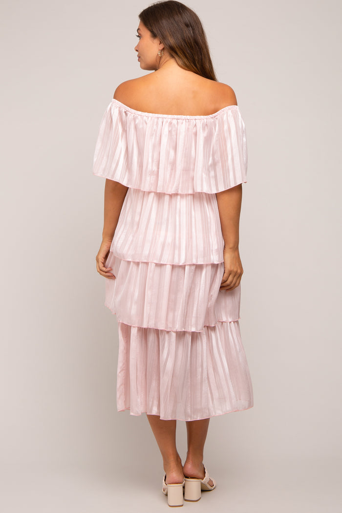 Light Pink Striped Layered Maternity Midi Dress