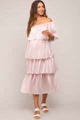 Light Pink Striped Layered Maternity Midi Dress