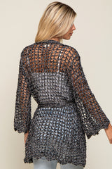 Black Open Knit Waist Tie Cardigan