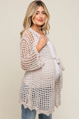 Beige Open Knit Waist Tie Maternity Cardigan