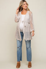 Beige Open Knit Waist Tie Maternity Cardigan