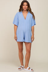 Blue Terry Cloth Collared Maternity Romper